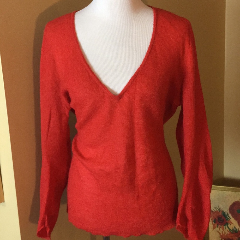 CALVIN KLEIN sz Large V-Neck Mohair Burnt Orange Thin-Knit Stretchy FALL Pumpkin